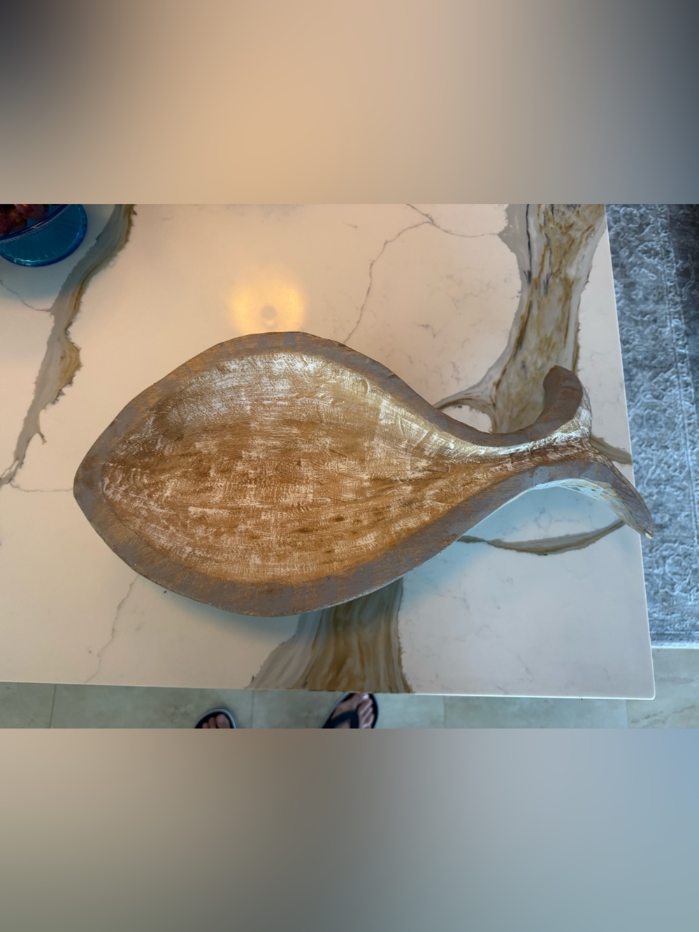 Handcarved Distressed Wooden Fish Bowl. 19” across and heavy.